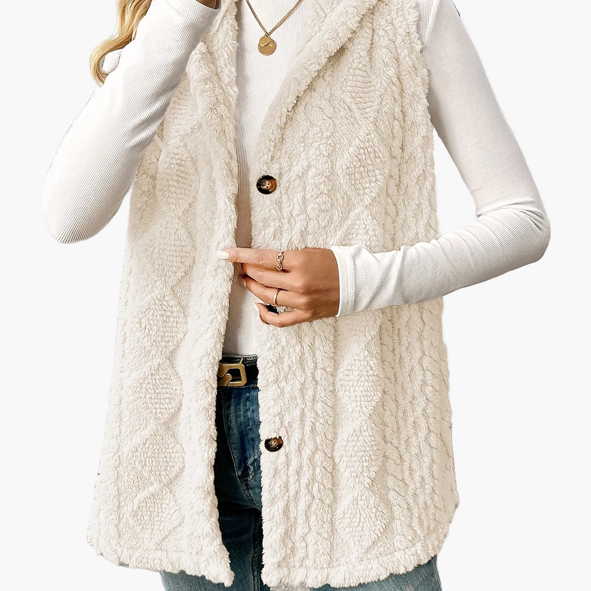 Women’s Long Knitted Waistcoat – Hooded with Button Front