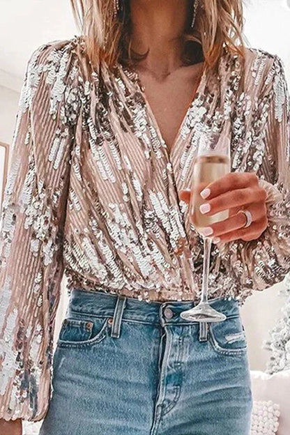 Women’s Sequin Blouse – V-Neck Party Blouse with Balloon Sleeves