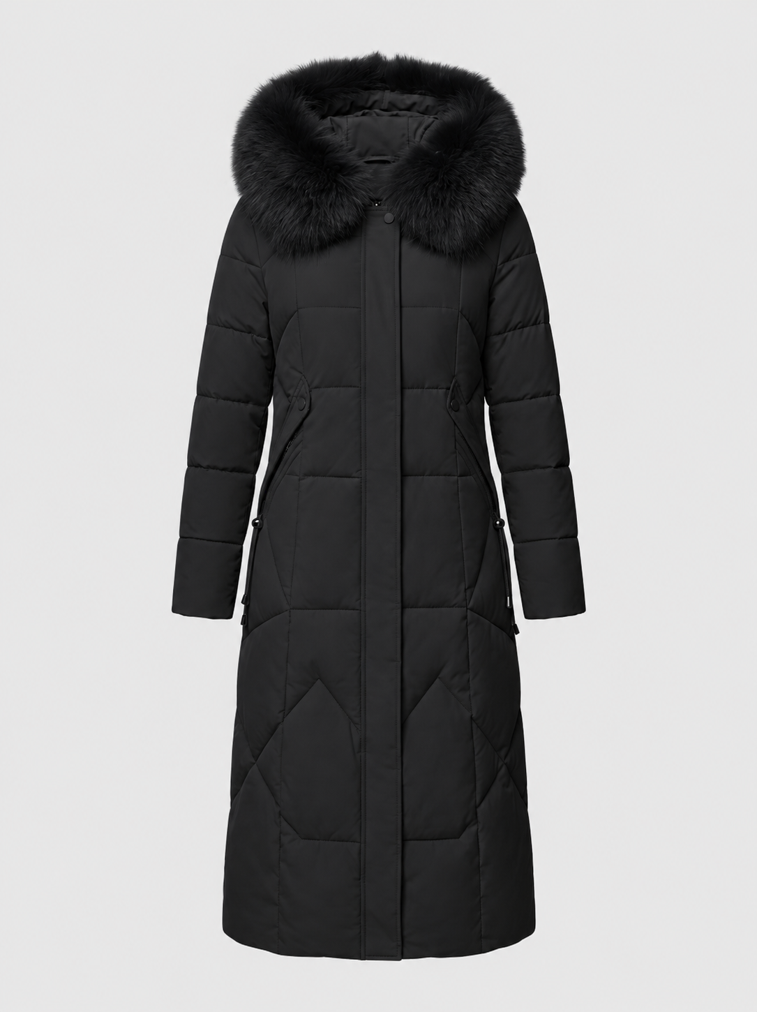 Women’s Faux-Fur Collar Puffer Coat – Shaped Longline Quilted Winter Jacket with High-Neck Protection