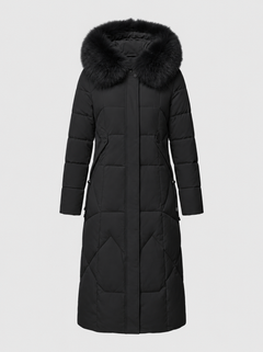 Women’s Faux-Fur Collar Puffer Coat – Shaped Longline Quilted Winter Jacket with High-Neck Protection