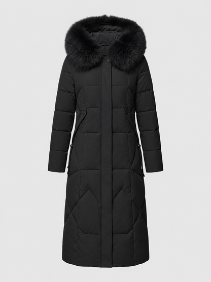 Women’s Faux-Fur Collar Puffer Coat – Shaped Longline Quilted Winter Jacket with High-Neck Protection
