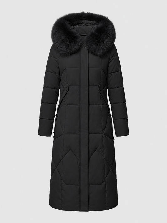 Women’s Faux-Fur Collar Puffer Coat – Shaped Longline Quilted Winter Jacket with High-Neck Protection