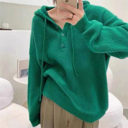 Women’s Hooded Rib-Knit Sweater – Relaxed Button-Neck Pullover for Cosy Everyday Layering