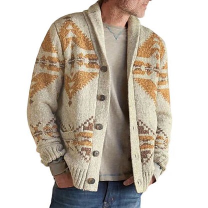Men’s Vintage-Inspired Shawl Collar Cardigan – Printed Button-Up Knit for Smart Casual Layering