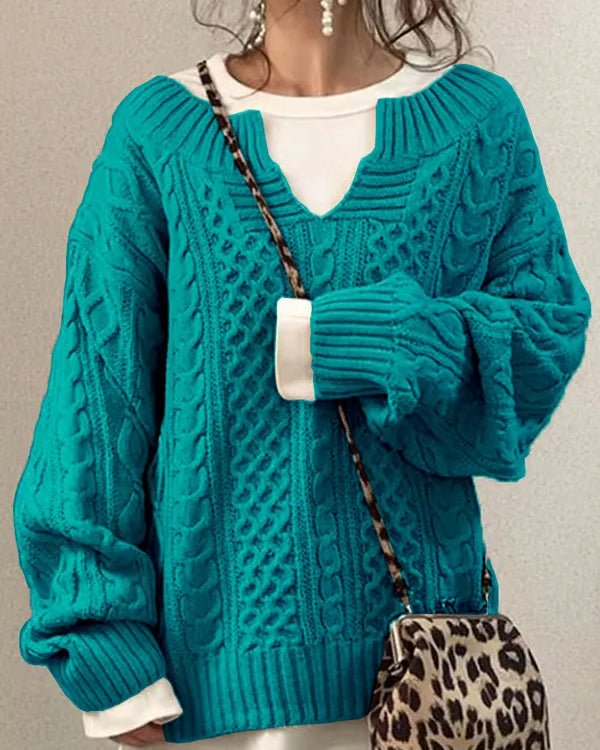 Women’s Oversized Jumper – Chunky Cable-Knit Jumper with V-Neck