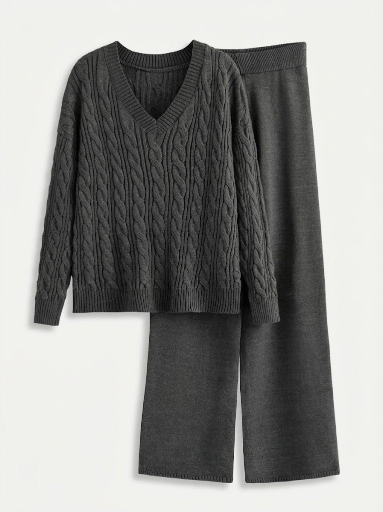 Women’s Cable-Knit Two-Piece Set – V-Neck Jumper with Stretch Wide-Leg Trousers for Autumn and Winter