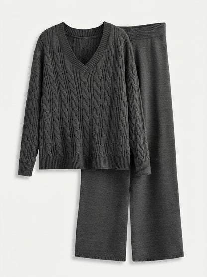 Women’s Cable-Knit Two-Piece Set – V-Neck Jumper with Stretch Wide-Leg Trousers for Autumn and Winter