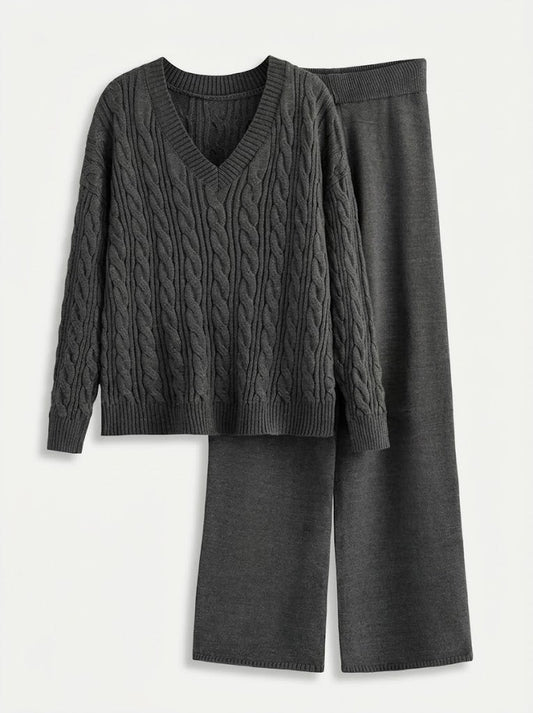 Women’s Cable-Knit Two-Piece Set – V-Neck Jumper with Stretch Wide-Leg Trousers for Autumn and Winter