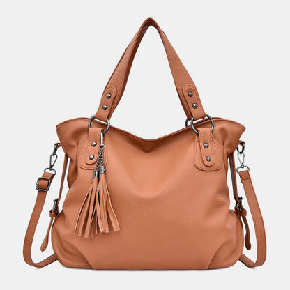 Women’s Tassel-Detail PU-Leather Tote Bag – Spacious Shoulder Handbag with Crossbody Carrying Option