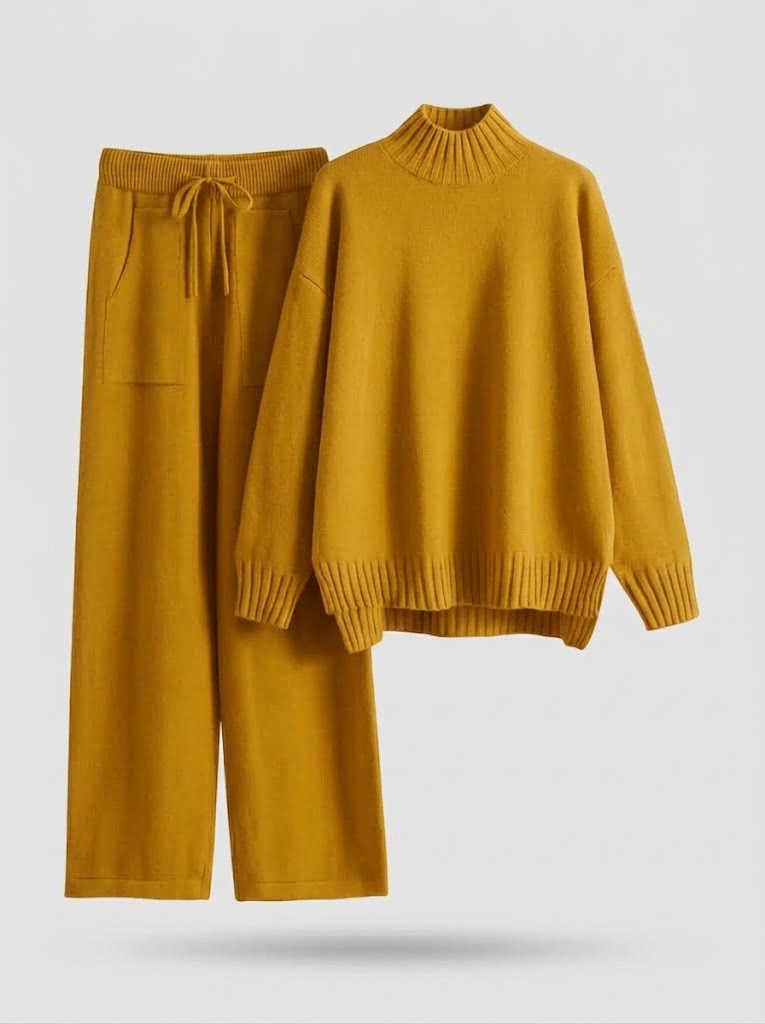 Women’s Mock-Neck Knit Co-Ord Set – Drawstring Wide-Leg Trousers for Autumn and Winter Leisurewear