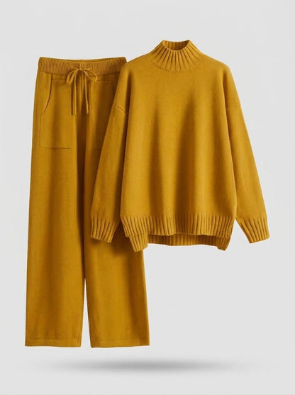 Women’s Mock-Neck Knit Co-Ord Set – Drawstring Wide-Leg Trousers for Autumn and Winter Leisurewear