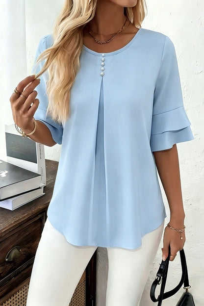 Women’s Ruffle Blouse – Flared Sleeves with Full Button Placket
