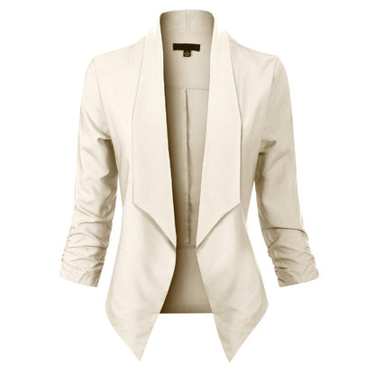 Women’s Open-Front Blazer – Ruched-Sleeve Smart Layer for Office and Occasion Wear