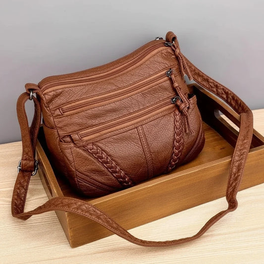 Women’s Soft Leather Shoulder Bag – Multi-Zip Everyday Handbag for Organised Carry