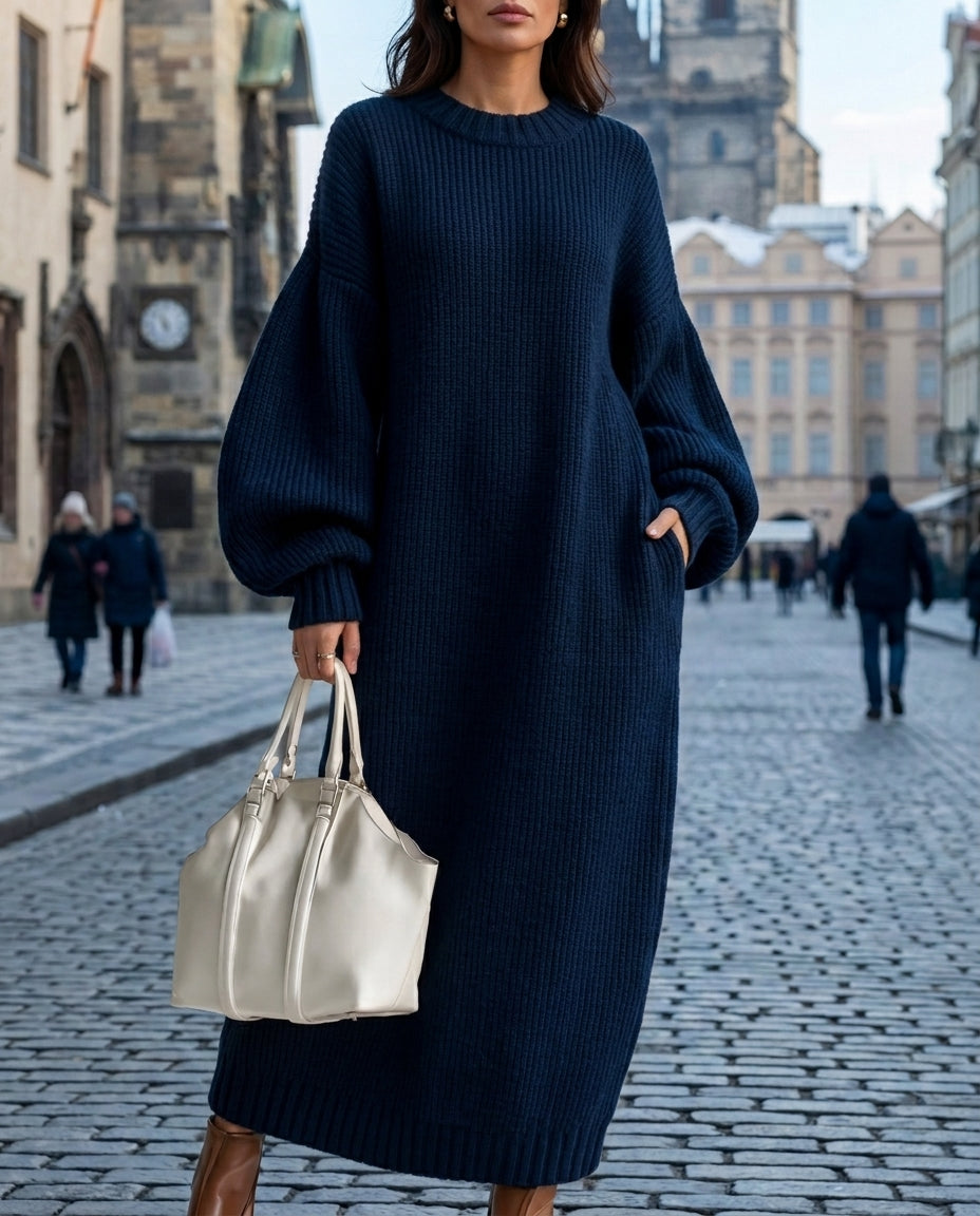 Women’s Oversized Knitted Dress – Ribbed Maxi Dress with Balloon Sleeves