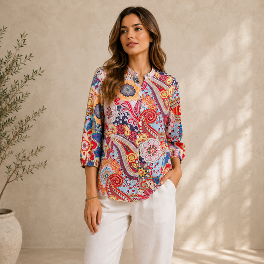Women’s Printed Blouse – Relaxed Three-Quarter Sleeve Top for Summer and Holiday Wear