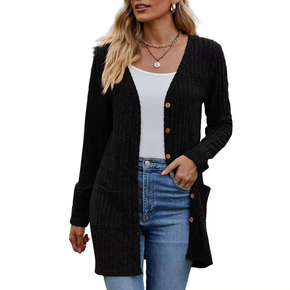 Women’s Open Cardigan – Ribbed Knit with Patch Pockets