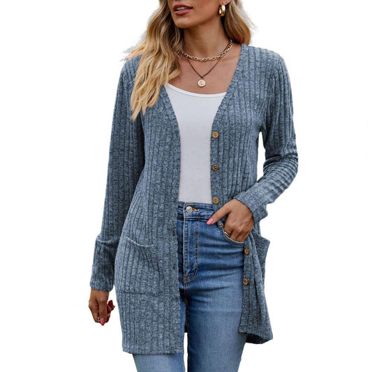 Women’s Open Cardigan – Ribbed Knit with Patch Pockets