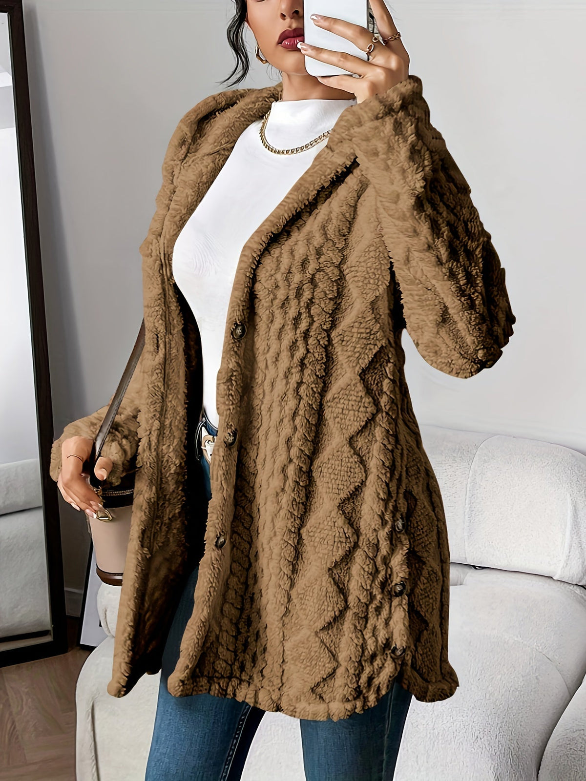 Women’s Cable-Knit Cardigan – Hooded Button-Through Cardigan