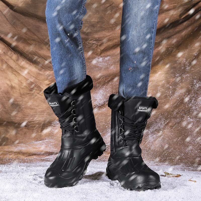 Men’s Waterproof Plush-Lined Snow Boots – Lace-Up Mid-Calf Outdoor Winter Boots with Anti-Slip Rubber Sole