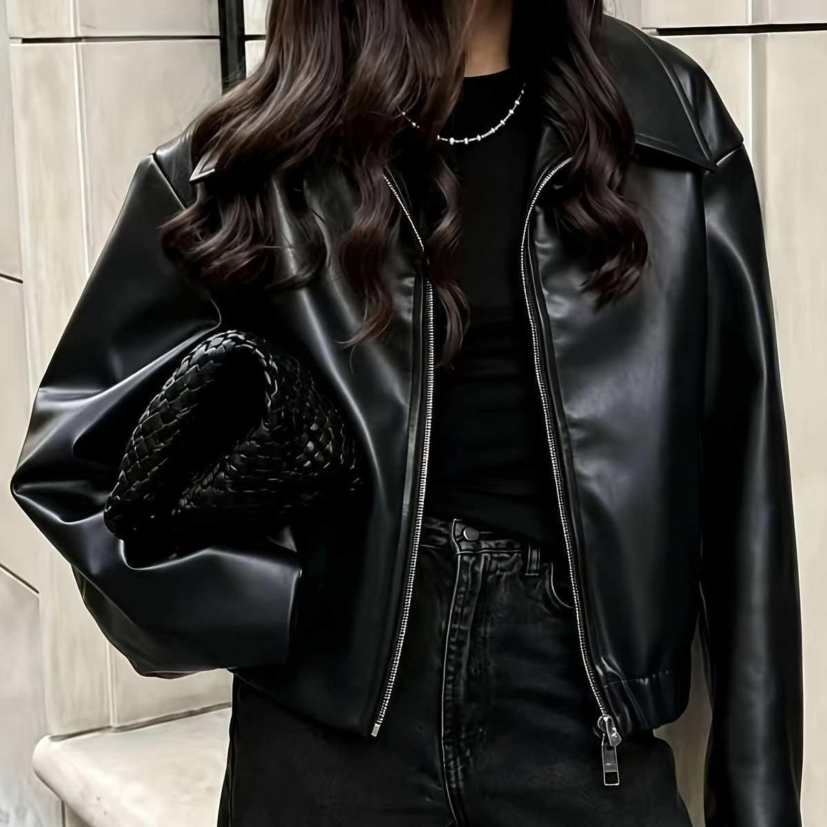 Women’s Cropped Jacket – Elasticated Hem with Fold-Down Collar