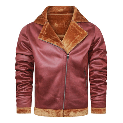 Men’s Plush-Lined Leather Biker Jacket – Warm Asymmetric Layer for Winter Wear