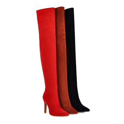 Women's Suede-Look Heeled Pointed-Toe Knee-High Boots