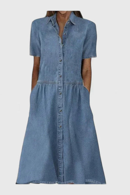 Women’s Button-Front Midi Shirt Dress – Relaxed Short-Sleeve Style with Pockets for Everyday Wear