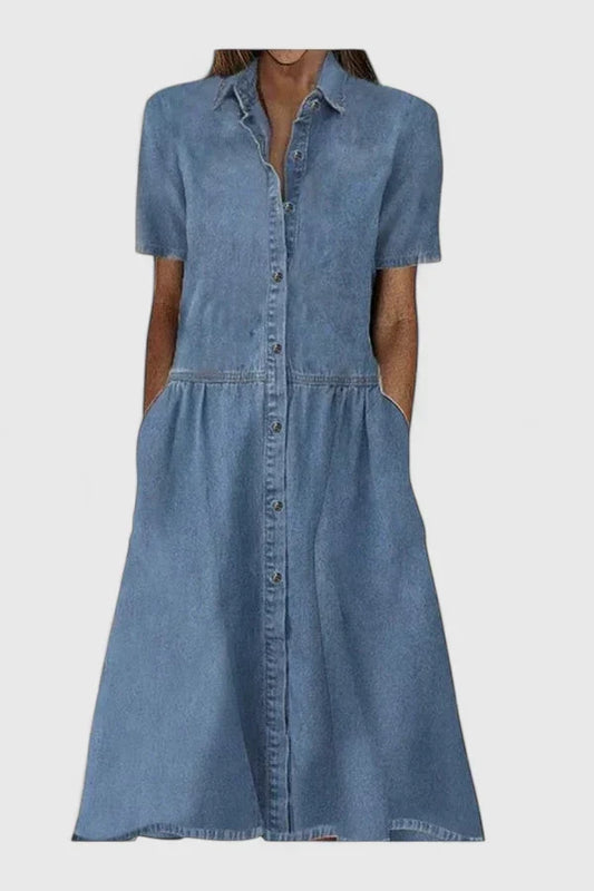 Women’s Button-Front Midi Shirt Dress – Relaxed Short-Sleeve Style with Pockets for Everyday Wear