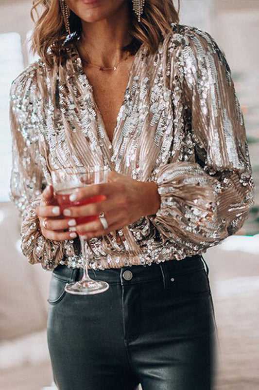 Women’s Sequin Blouse – V-Neck Party Blouse with Balloon Sleeves