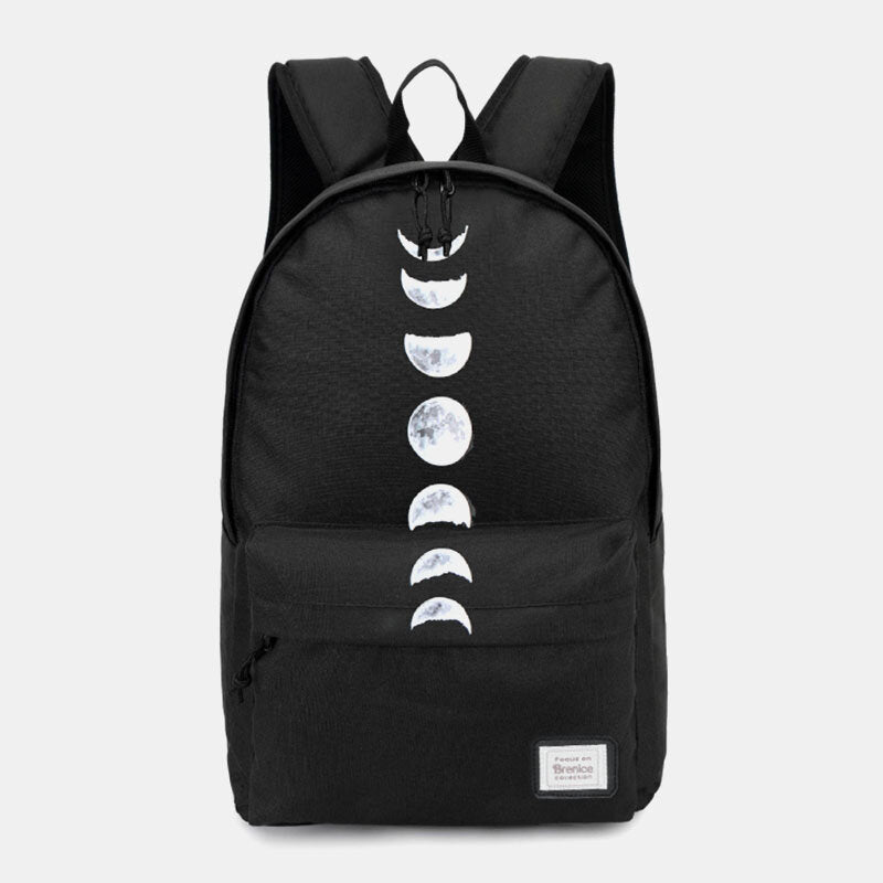 Unisex Moon Phase Oxford Backpack – Casual School Bag with Celestial Print and Front Storage Pocket