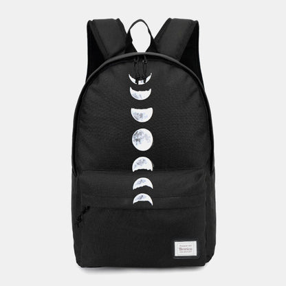 Unisex Moon Phase Oxford Backpack – Casual School Bag with Celestial Print and Front Storage Pocket