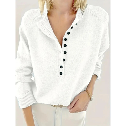 Women’s V-Neck Knit Sweater – Relaxed Button-Neck Style for Everyday Wear
