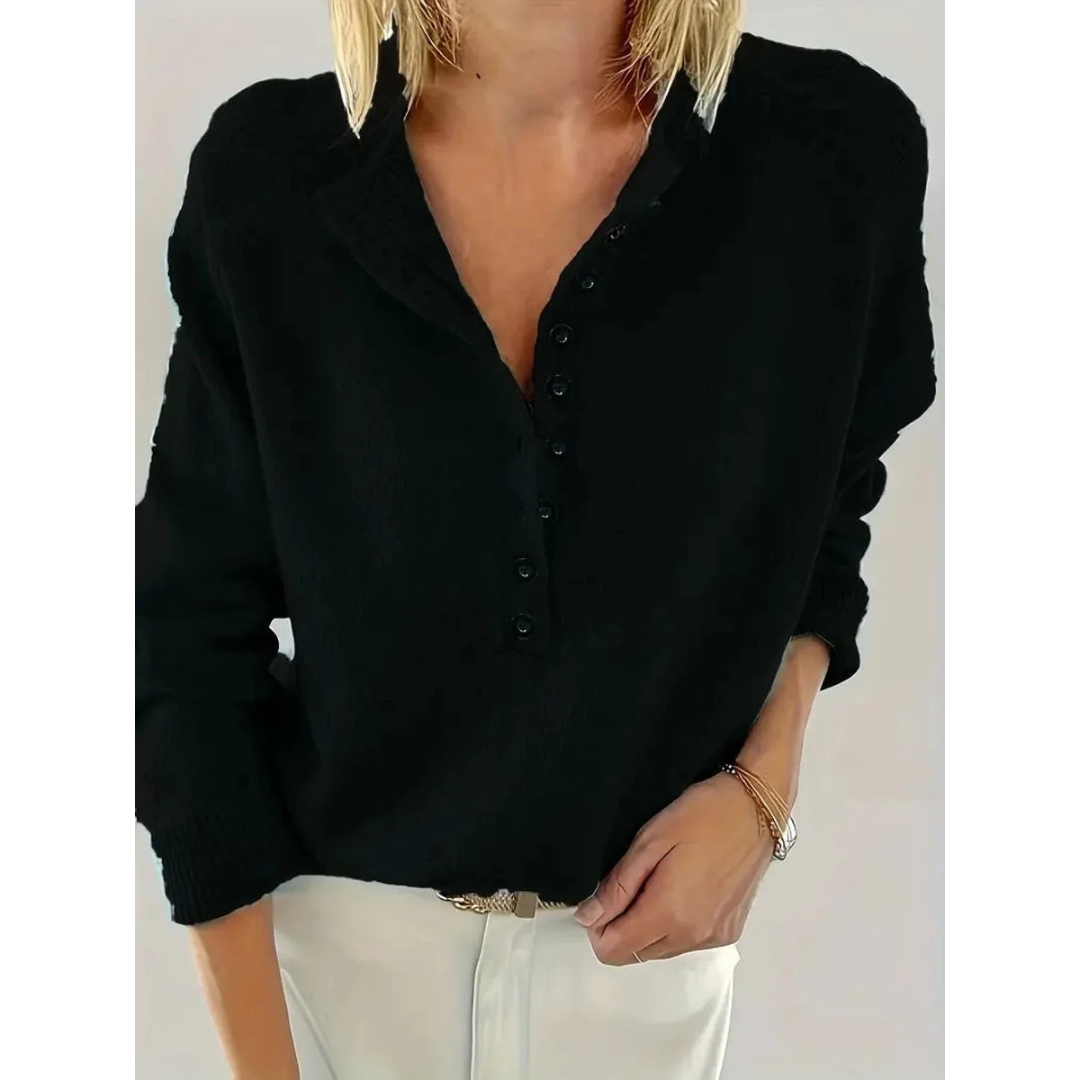 Women’s V-Neck Knit Sweater – Relaxed Button-Neck Style for Everyday Wear