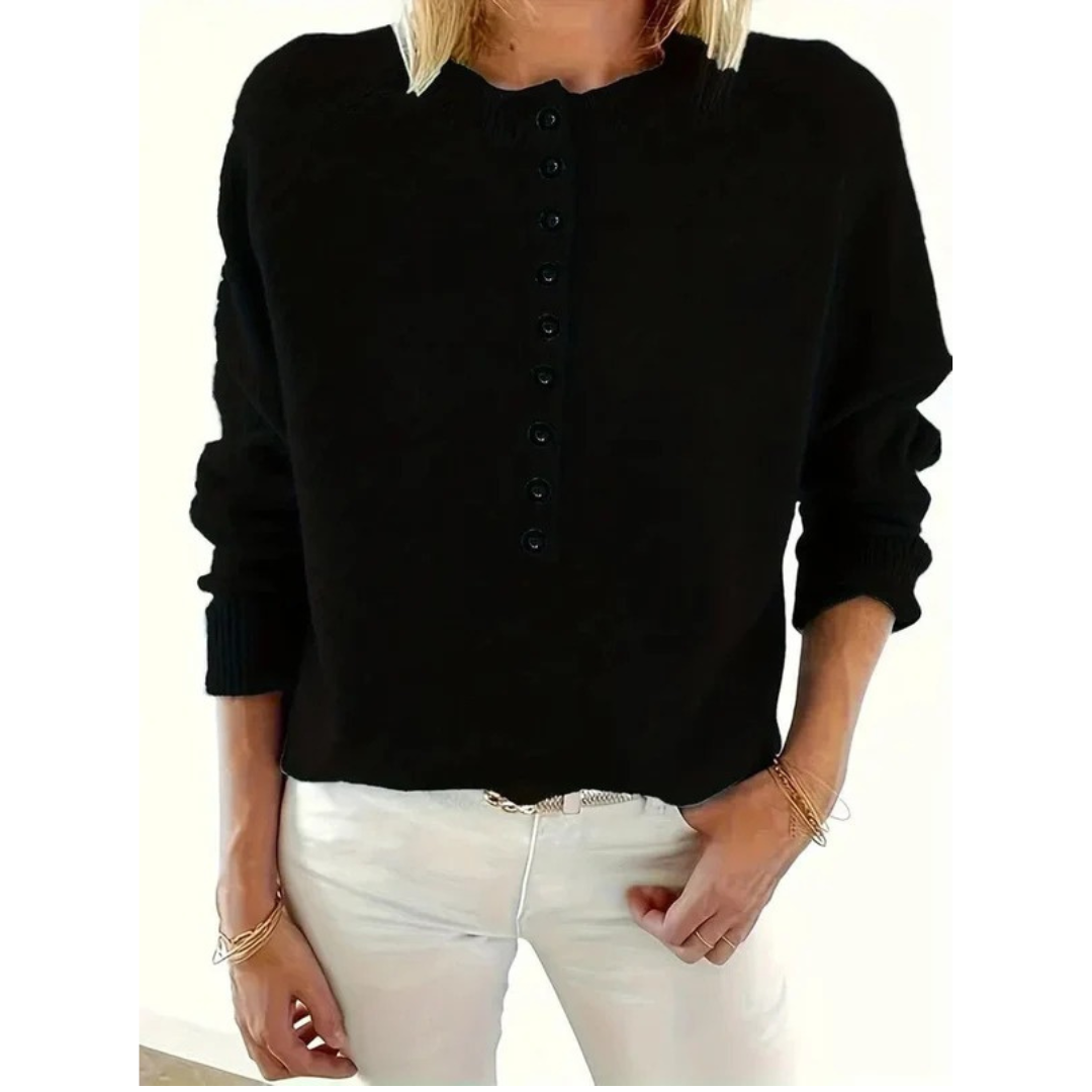 Women’s V-Neck Knit Sweater – Relaxed Button-Neck Style for Everyday Wear
