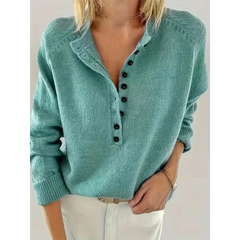 Women’s V-Neck Knit Sweater – Relaxed Button-Neck Style for Everyday Wear