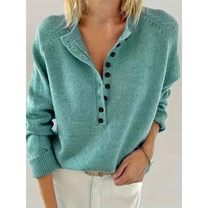 Women’s V-Neck Knit Sweater – Relaxed Button-Neck Style for Everyday Wear