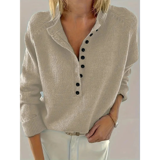 Women’s V-Neck Knit Sweater – Relaxed Button-Neck Style for Everyday Wear