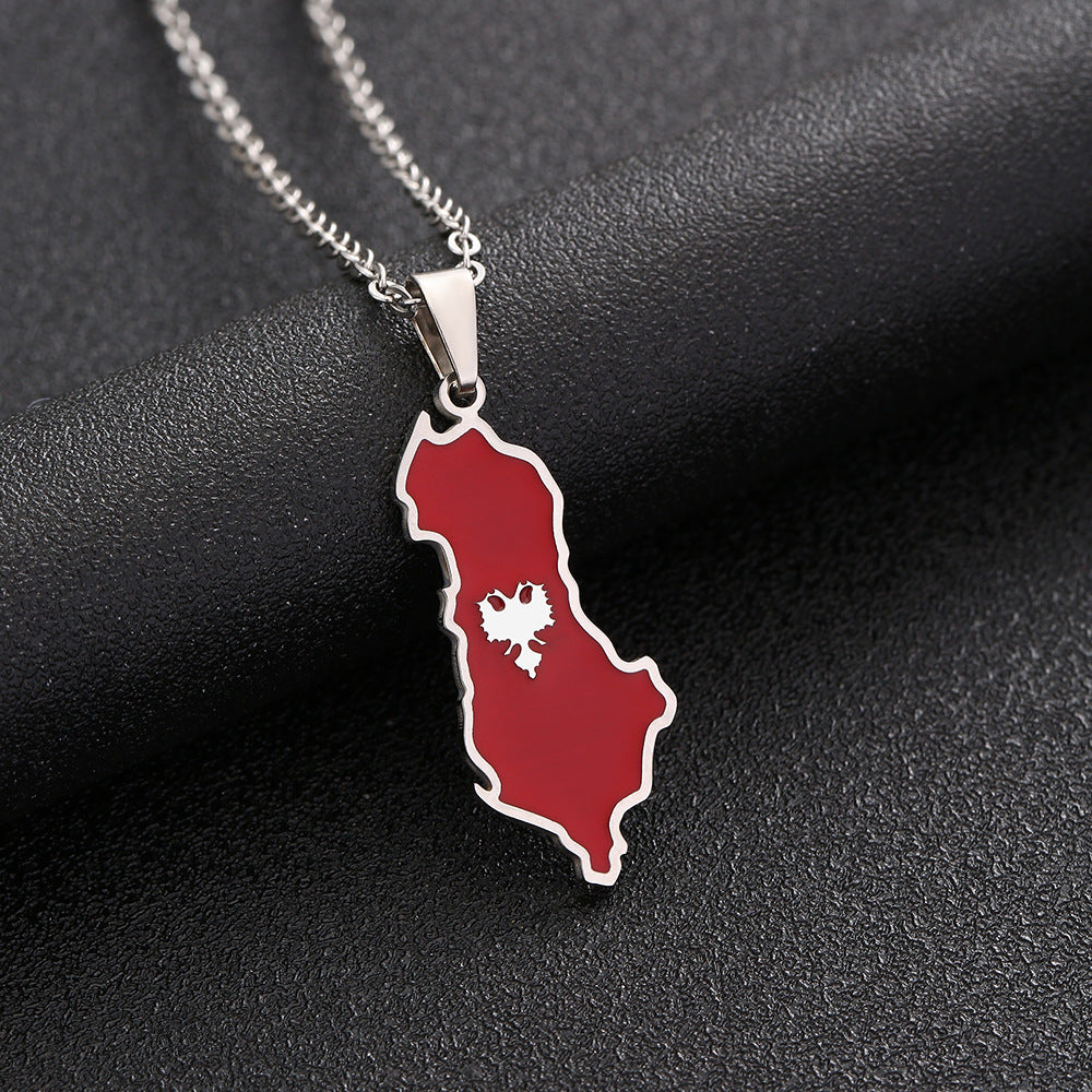 Steel-tone Albania map pendant necklace