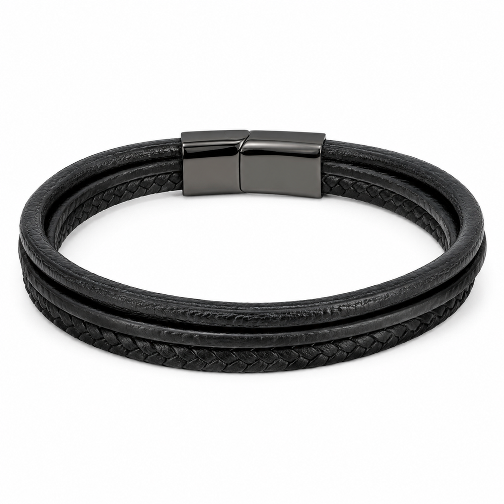 Men's black leather magnetic bracelet on white