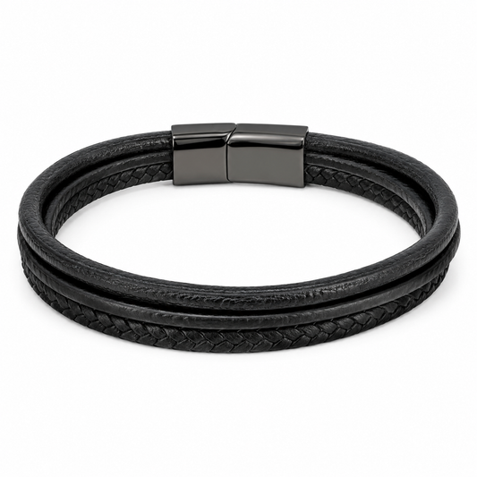 Men's black leather magnetic bracelet on white
