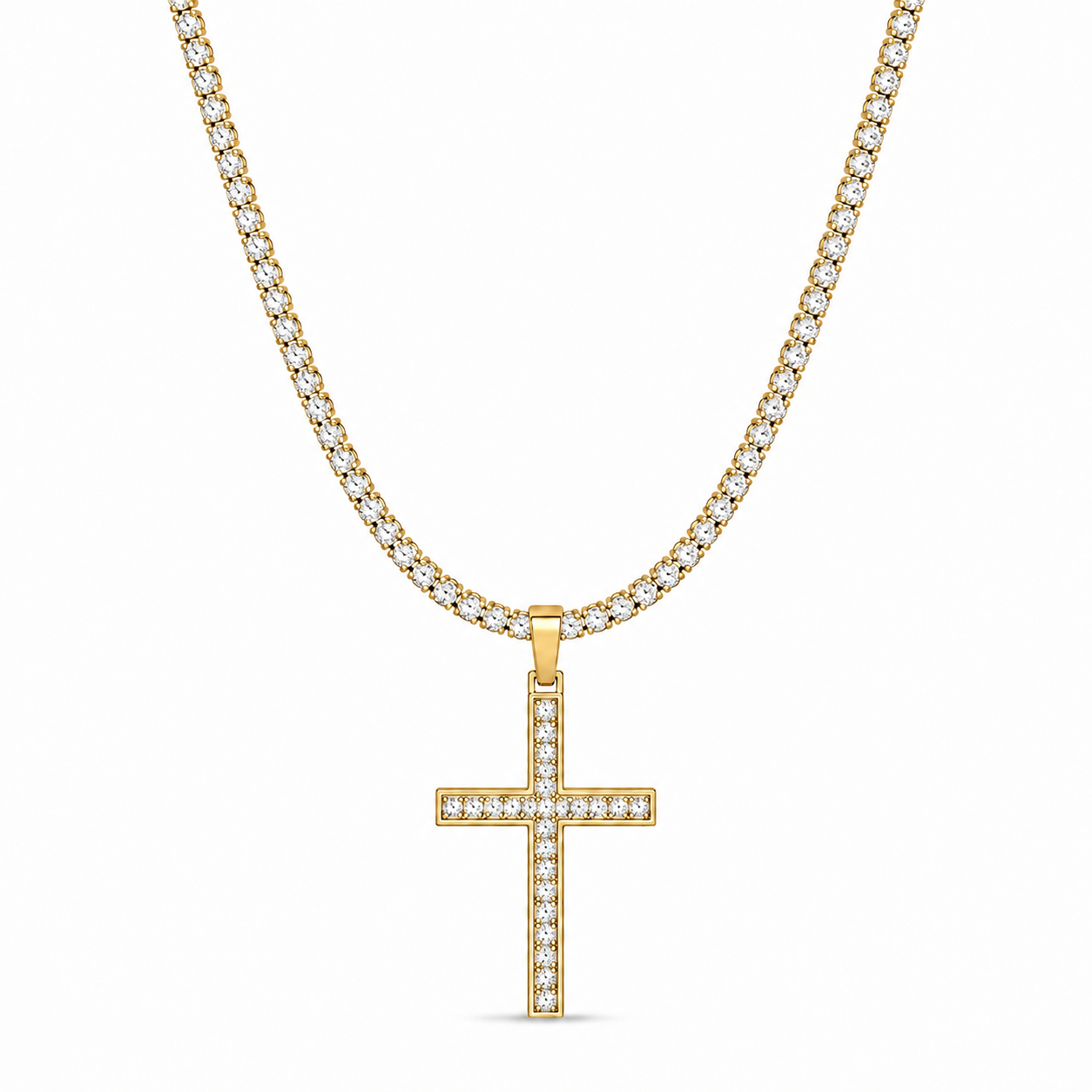 Men's gold-tone 4mm cross tennis chain necklace on white