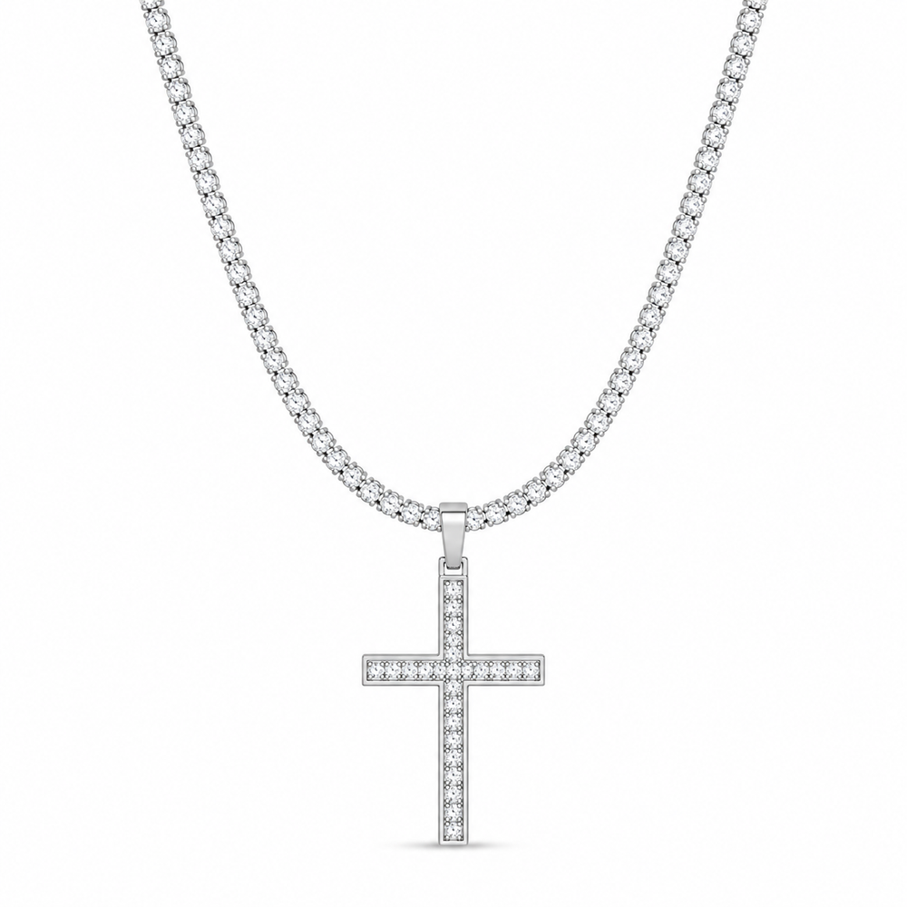 Men's silver-tone 4mm cross tennis chain necklace on white