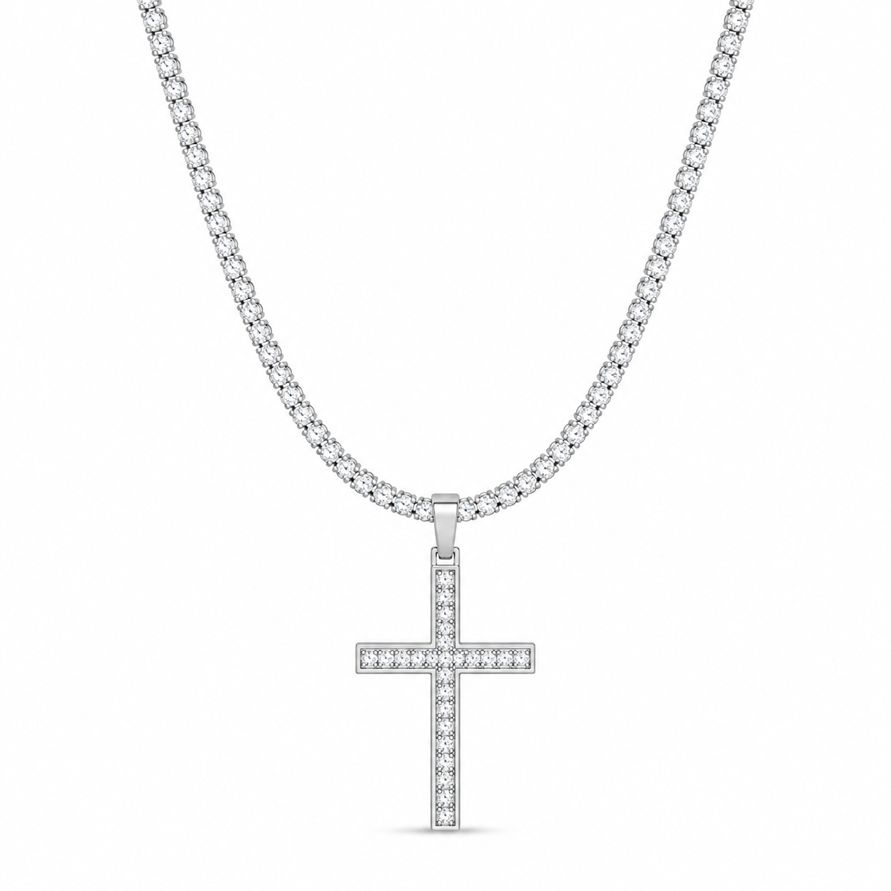 Men's silver-tone 4mm cross tennis chain necklace on white