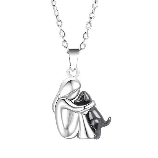 Women’s Dog Love Pendant Necklace – Two-Tone Human and Dog Embrace Charm for Everyday Wear and Gifting