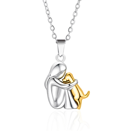 Women’s Dog Love Pendant Necklace – Two-Tone Human and Dog Embrace Charm for Everyday Wear and Gifting