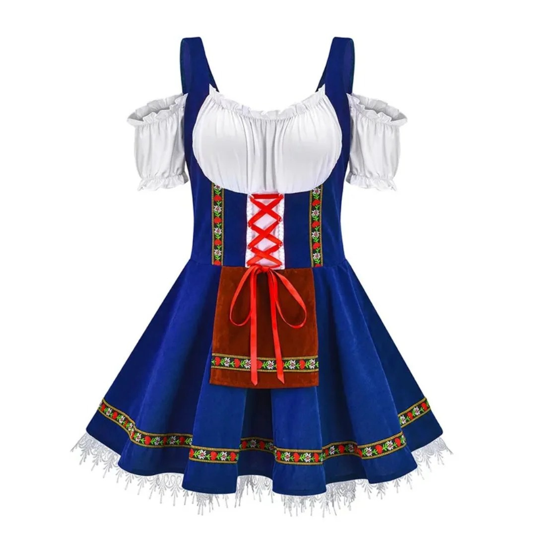 Women’s Folk Dirndl Dress – Off-Shoulder Festival Style with Decorative Front Apron