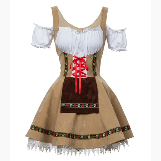 Women’s Folk Dirndl Dress – Off-Shoulder Festival Style with Decorative Front Apron