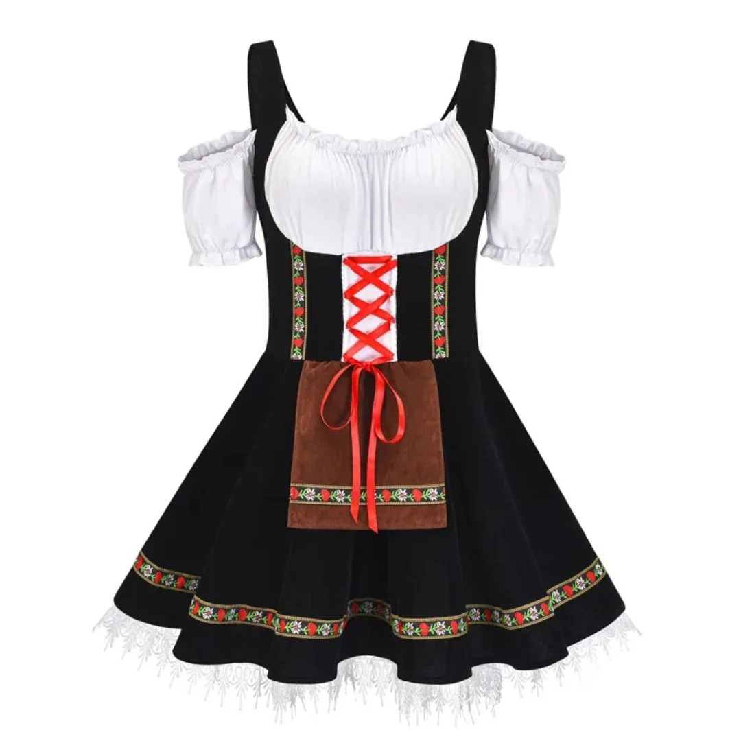Women’s Folk Dirndl Dress – Off-Shoulder Festival Style with Decorative Front Apron