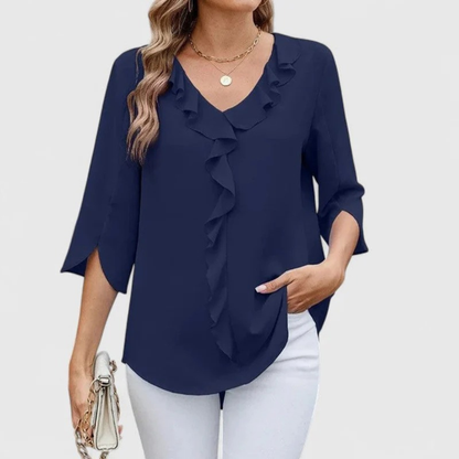 Women’s Ruffle V-Neck Blouse – Relaxed Three-Quarter Sleeve Top for Office and Occasion Wear